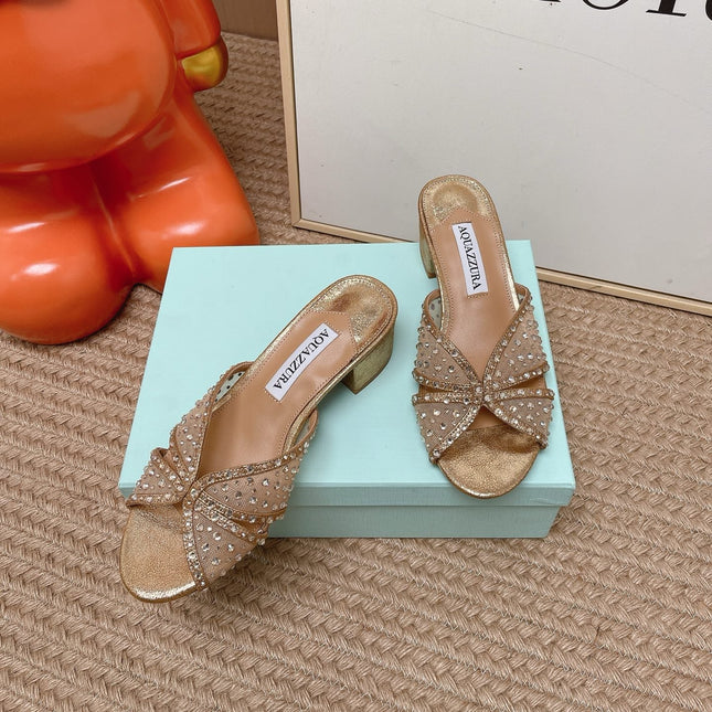 AQUAZZURA 26S LOVER HEELED MULES IN METALLIC GOLD LAMBSKIN AND MESH