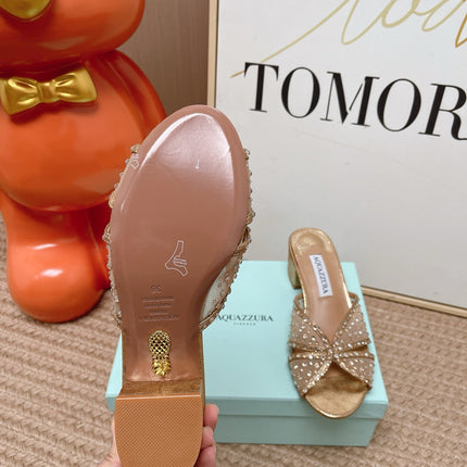 AQUAZZURA 26S LOVER HEELED MULES IN METALLIC GOLD LAMBSKIN AND MESH