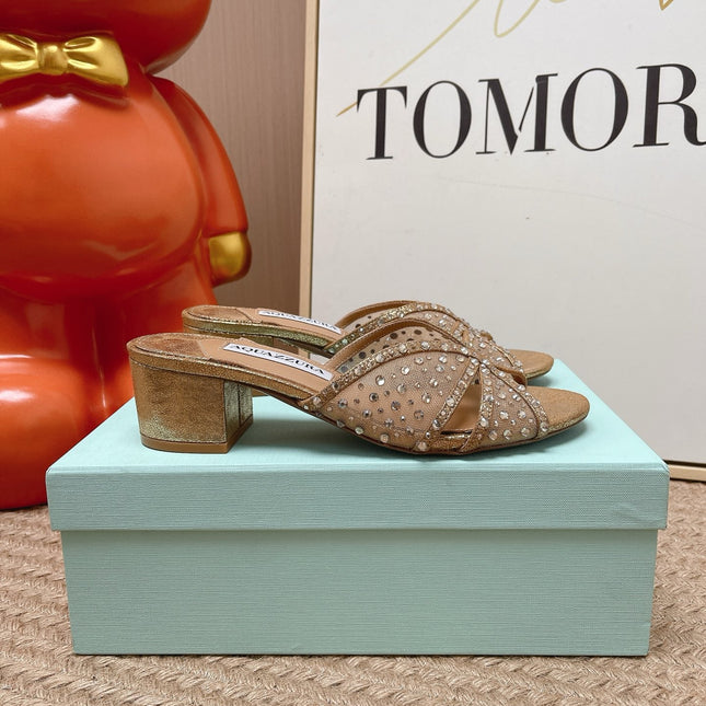 AQUAZZURA 26S LOVER HEELED MULES IN METALLIC GOLD LAMBSKIN AND MESH