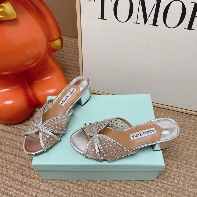 AQUAZZURA 26S LOVER HEELED MULES IN SILVER LAMBSKIN AND MESH