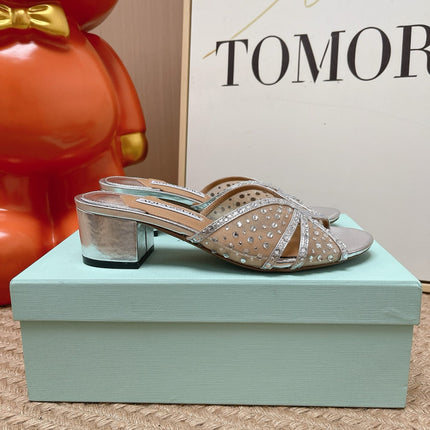 AQUAZZURA 26S LOVER HEELED MULES IN SILVER LAMBSKIN AND MESH