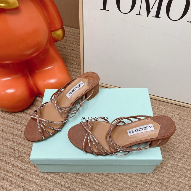 AQUAZZURA 26S CRYSTAL STRAP SANDALS 45 MM IN BROWN FABRIC