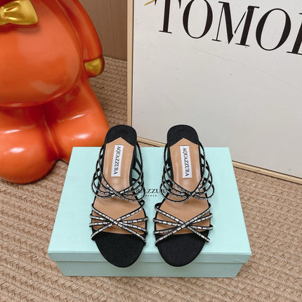 AQUAZZURA 26S CRYSTAL STRAP SANDALS 45 MM IN BLACK FABRIC