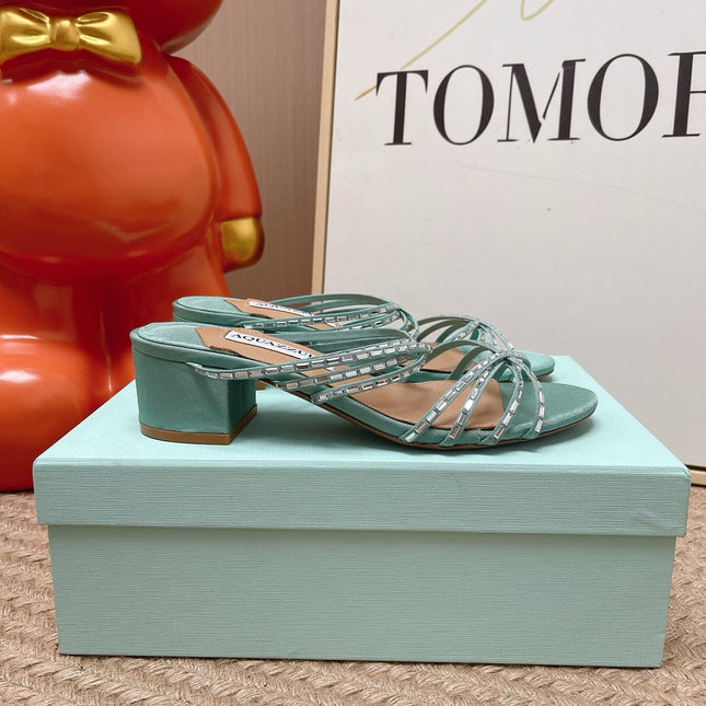 AQUAZZURA 26S CRYSTAL STRAP SANDALS 45 MM IN MINT GREEN FABRIC