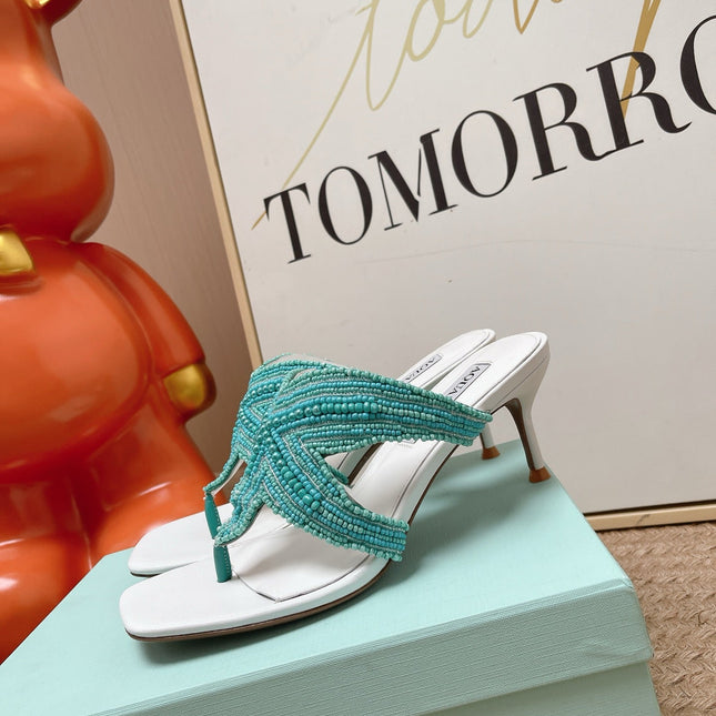 AQUAZZURA 26S STARFISH THONG HEELS IN WHITE & TURQUOISE LAMBSKIN