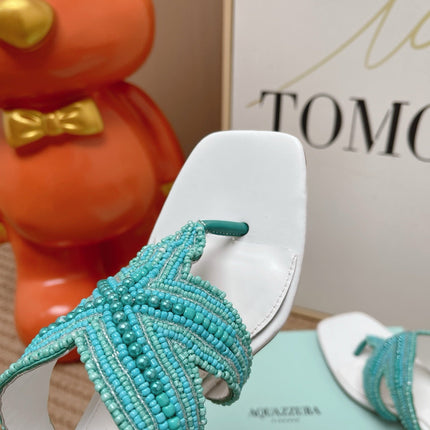 AQUAZZURA 26S STARFISH THONG HEELS IN WHITE & TURQUOISE LAMBSKIN