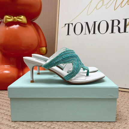 AQUAZZURA 26S STARFISH THONG HEELS IN WHITE & TURQUOISE LAMBSKIN