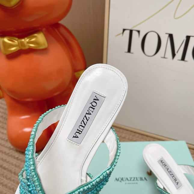 AQUAZZURA 26S STARFISH THONG HEELS IN WHITE & TURQUOISE LAMBSKIN