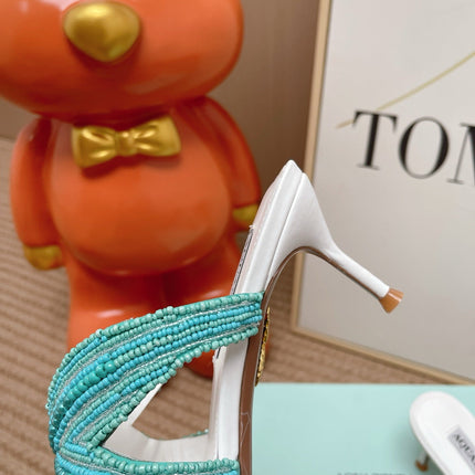 AQUAZZURA 26S STARFISH THONG HEELS IN WHITE & TURQUOISE LAMBSKIN