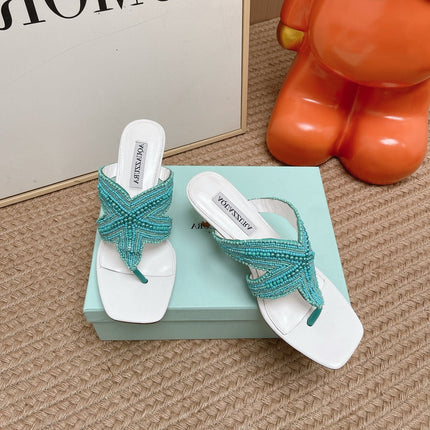 AQUAZZURA 26S STARFISH THONG HEELS IN WHITE & TURQUOISE LAMBSKIN