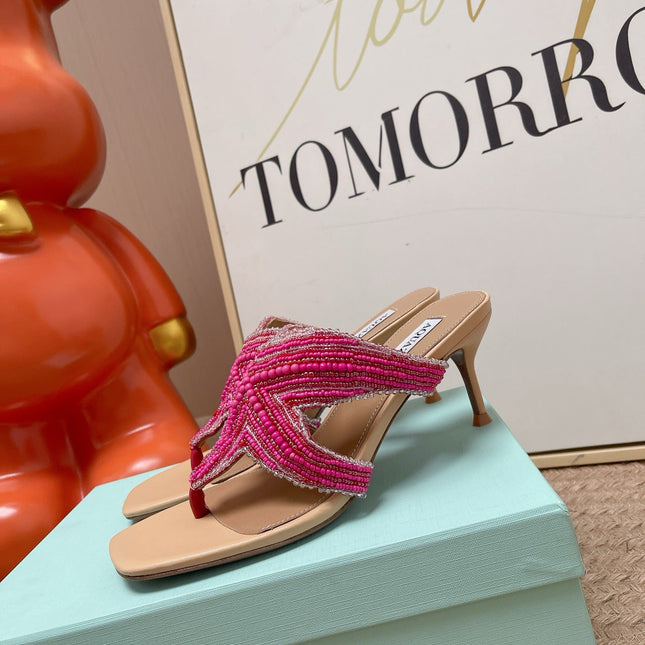 AQUAZZURA 26S STARFISH THONG HEELS IN PINK AND BEIGE LAMBSKIN