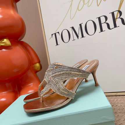 AQUAZZURA 26S STARFISH THONG HEELS IN ROSE GOLD LAMBSKIN