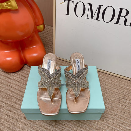 AQUAZZURA 26S STARFISH THONG HEELS IN ROSE GOLD LAMBSKIN