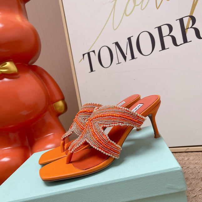 AQUAZZURA 26S STARFISH THONG HEELS IN ORANGE LAMBSKIN