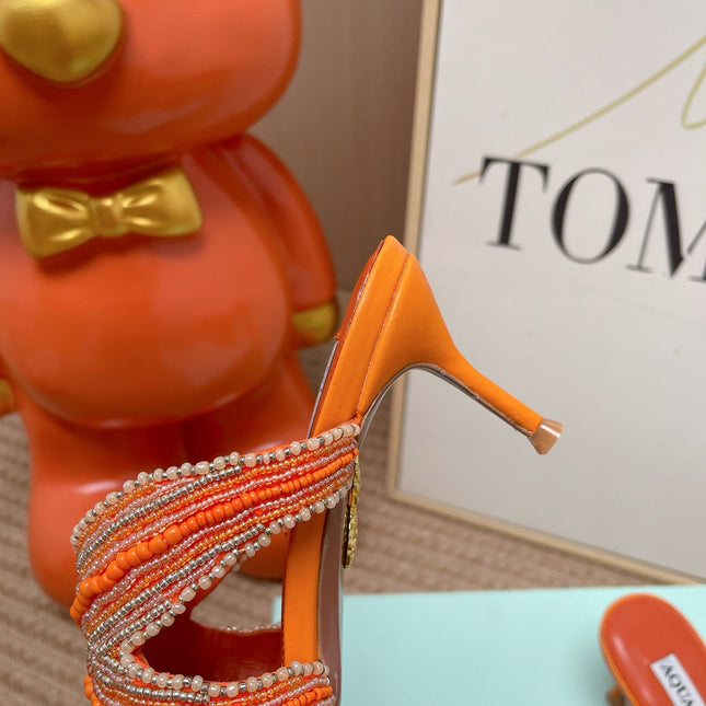 AQUAZZURA 26S STARFISH THONG HEELS IN ORANGE LAMBSKIN