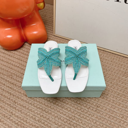 AQUAZZURA 26S STARFISH BEADED THONG SANDALS IN WHITE & TURQUOISE LAMBSKIN