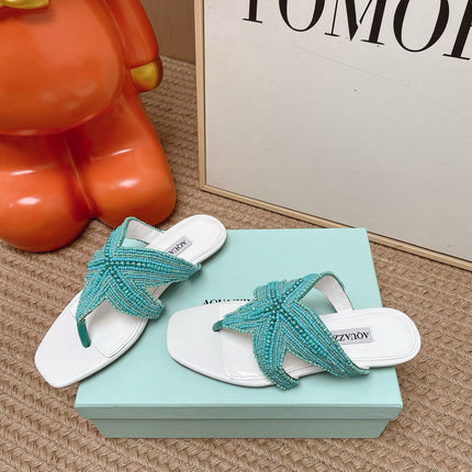 AQUAZZURA 26S STARFISH BEADED THONG SANDALS IN WHITE & TURQUOISE LAMBSKIN