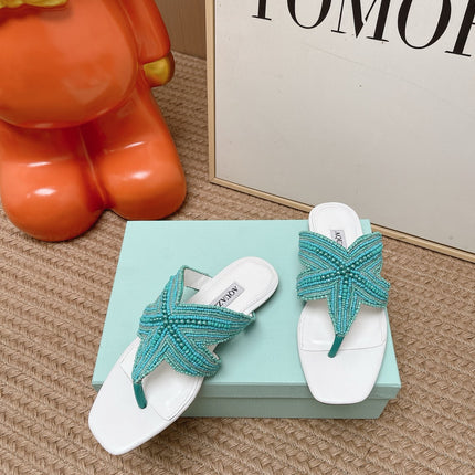 AQUAZZURA 26S STARFISH BEADED THONG SANDALS IN WHITE & TURQUOISE LAMBSKIN