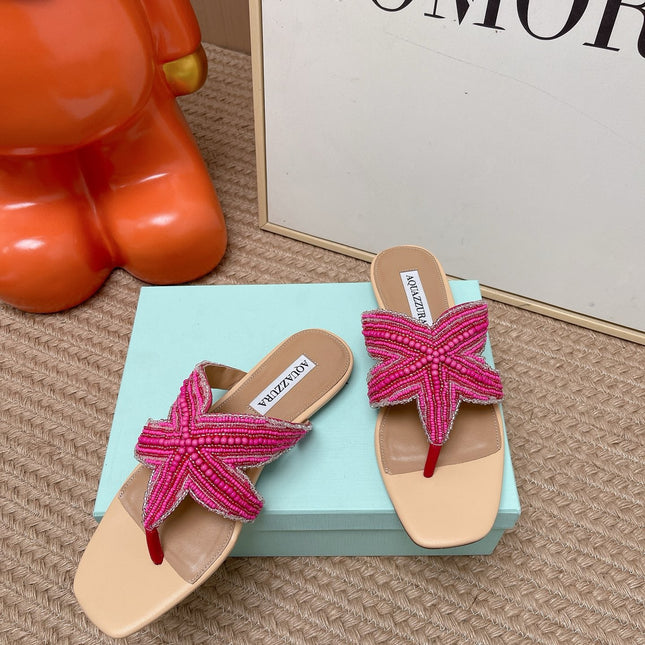AQUAZZURA 26S STARFISH BEADED THONG SANDALS IN PINK AND BEIGE LAMBSKIN