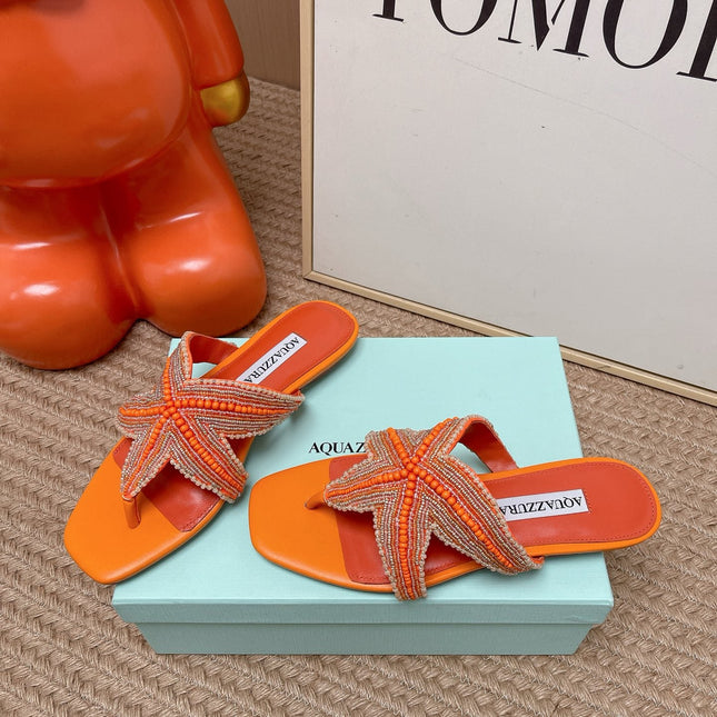 AQUAZZURA 26S STARFISH BEADED THONG SANDALS IN ORANGE LAMBSKIN