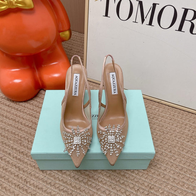 AQUAZZURA 26S POINTED-TOE SLINGBACK 105 MM IN NUDE LEATHER AND MESH CRYSTALS