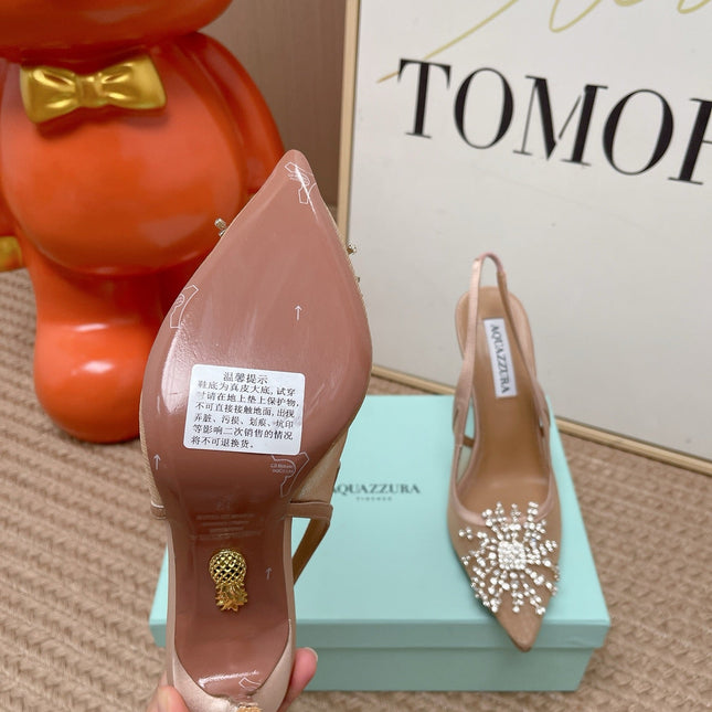 AQUAZZURA 26S POINTED-TOE SLINGBACK 105 MM IN NUDE LEATHER AND MESH CRYSTALS