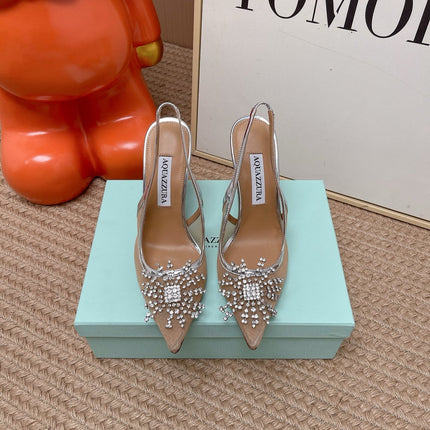 AQUAZZURA 26S POINTED-TOE SLINGBACK 105 MM IN SILVER LEATHER AND MESH CRYSTALS