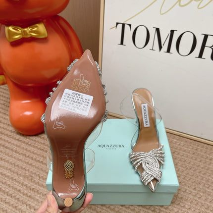 AQUAZZURA 26S SLINGBACK HEELS 105 MM IN SILVER LEATHER AND CLEAR PVC CRYSTALS