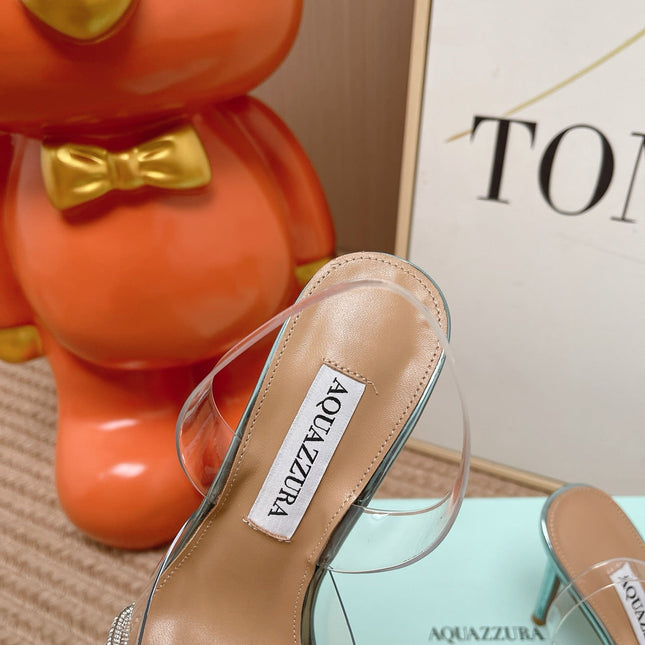 AQUAZZURA 26S SLINGBACK HEELS 105 MM IN SILVER LEATHER AND CLEAR PVC CRYSTALS