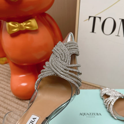 AQUAZZURA 26S SLINGBACK HEELS 105 MM IN SILVER LEATHER AND CLEAR PVC CRYSTALS
