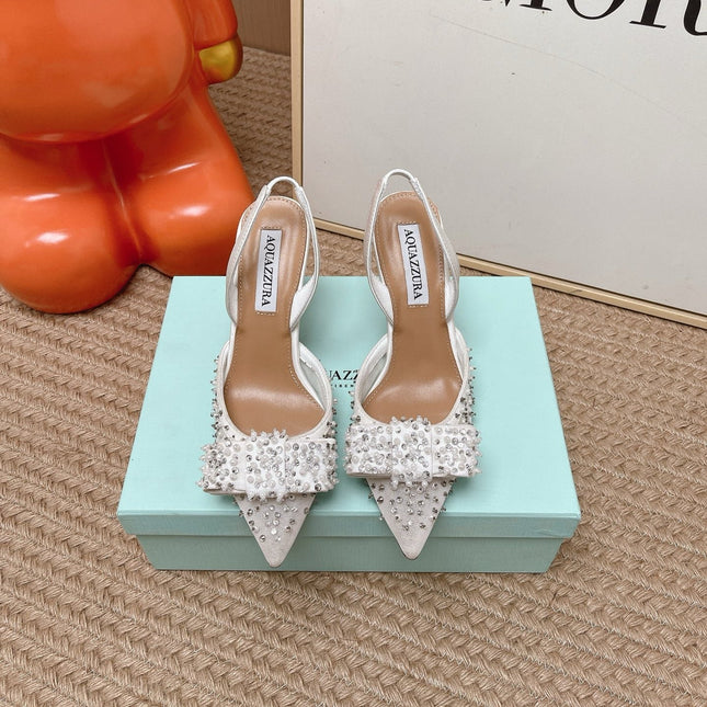AQUAZZURA 26S SLINGBACK HEELS 100 MM IN WHITE MESH PEARL EMBELLISHED