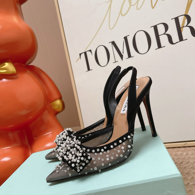 AQUAZZURA 26S SLINGBACK HEELS 100 MM IN BLACK MESH PEARL EMBELLISHED