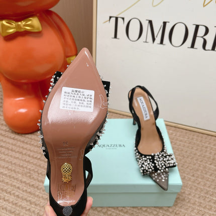AQUAZZURA 26S SLINGBACK HEELS 100 MM IN BLACK MESH PEARL EMBELLISHED