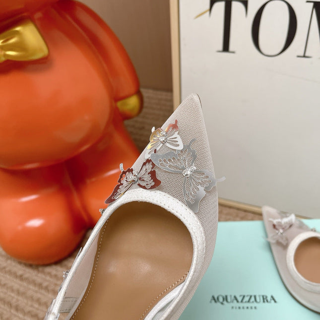AQUAZZURA 26S BUTTERFLY SLINGBACK HEELS 80 MM IN WHITE MESH AND SUEDE