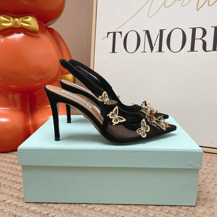 AQUAZZURA 26S BUTTERFLY SLINGBACK HEELS 80 MM IN BLACK MESH AND SUEDE
