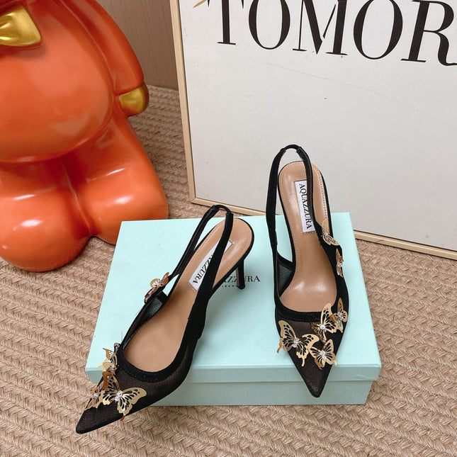 AQUAZZURA 26S BUTTERFLY SLINGBACK HEELS 80 MM IN BLACK MESH AND SUEDE