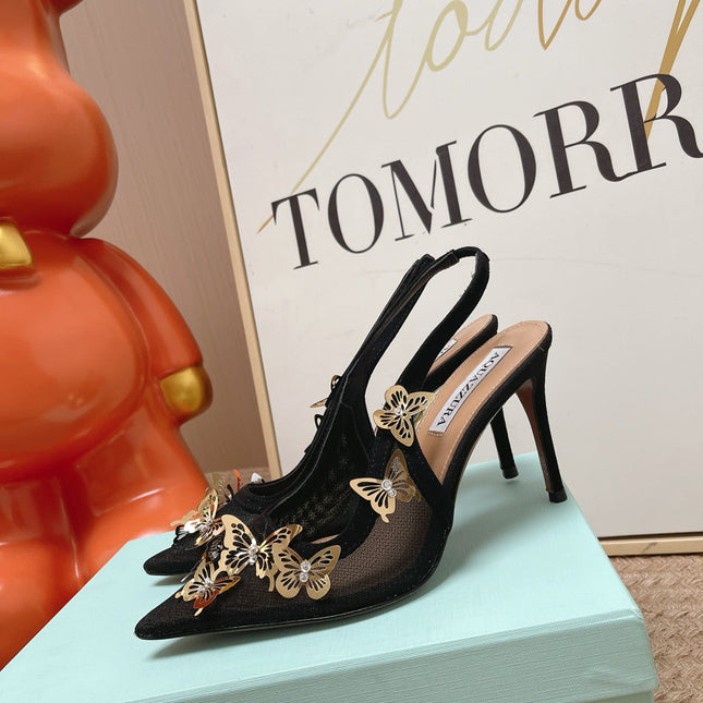 AQUAZZURA 26S BUTTERFLY SLINGBACK HEELS 80 MM IN BLACK MESH AND SUEDE