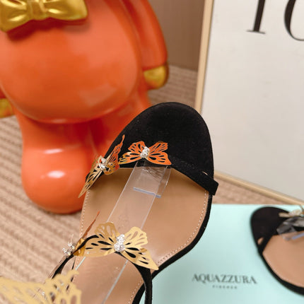 AQUAZZURA 26S BUTTERFLY HEELED SANDALS 100 MM IN BLACK SUEDE