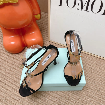 AQUAZZURA 26S BUTTERFLY HEELED SANDALS 100 MM IN BLACK SUEDE