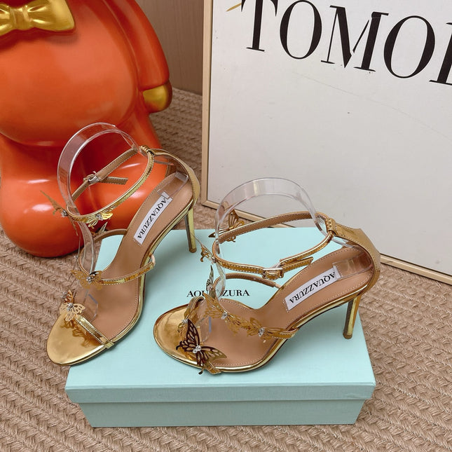 AQUAZZURA 26S BUTTERFLY HEELED SANDALS 100 MM IN GOLD CALFSKIN