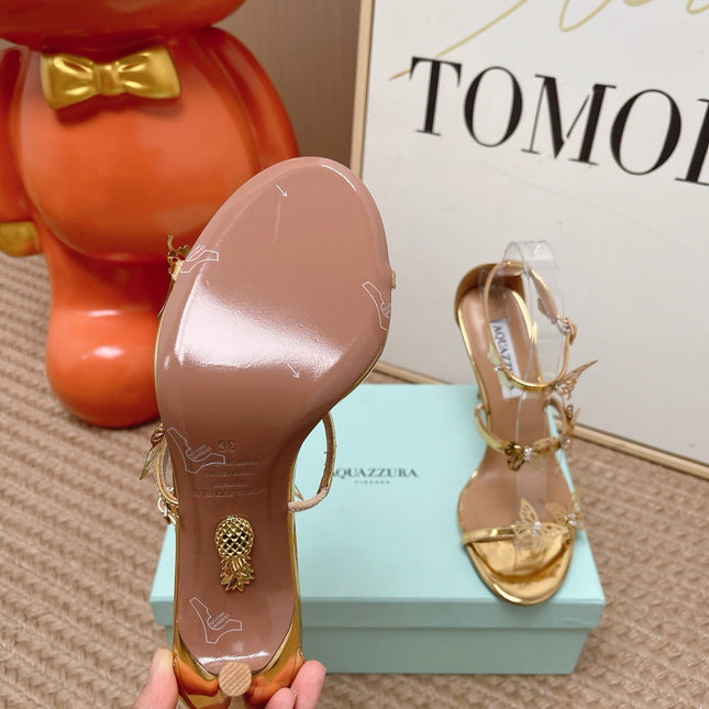 AQUAZZURA 26S BUTTERFLY HEELED SANDALS 100 MM IN GOLD CALFSKIN