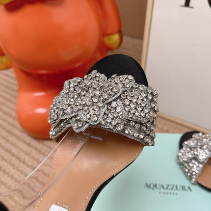 AQUAZZURA 26S HIGH-HEEL SANDALS 85 MM IN BLACK SUEDE & CRYSTALS