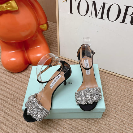 AQUAZZURA 26S HIGH-HEEL SANDALS 85 MM IN BLACK SUEDE & CRYSTALS