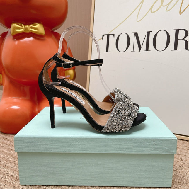 AQUAZZURA 26S HIGH-HEEL SANDALS 85 MM IN BLACK SUEDE & CRYSTALS