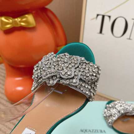 AQUAZZURA 26S HIGH-HEEL SANDALS 85 MM IN EMERALD GREEN SATIN & CRYSTALS