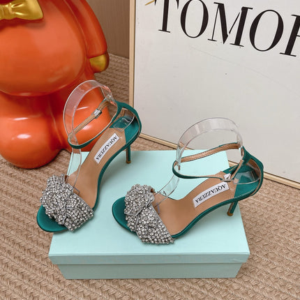 AQUAZZURA 26S HIGH-HEEL SANDALS 85 MM IN EMERALD GREEN SATIN & CRYSTALS