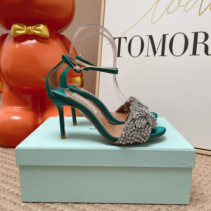 AQUAZZURA 26S HIGH-HEEL SANDALS 85 MM IN EMERALD GREEN SATIN & CRYSTALS