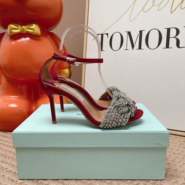 AQUAZZURA 26S HIGH-HEEL SANDALS 85 MM IN RED SATIN & CRYSTALS