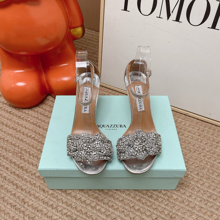 AQUAZZURA 26S HIGH-HEEL SANDALS 85 MM IN SILVER LEATHER & CRYSTALS