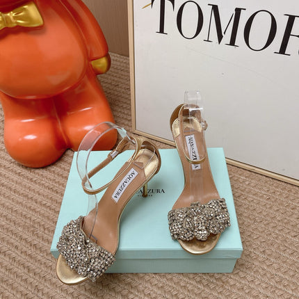 AQUAZZURA 26S HIGH-HEEL SANDALS 85 MM IN LIGHT GOLD LEATHER & CRYSTALS